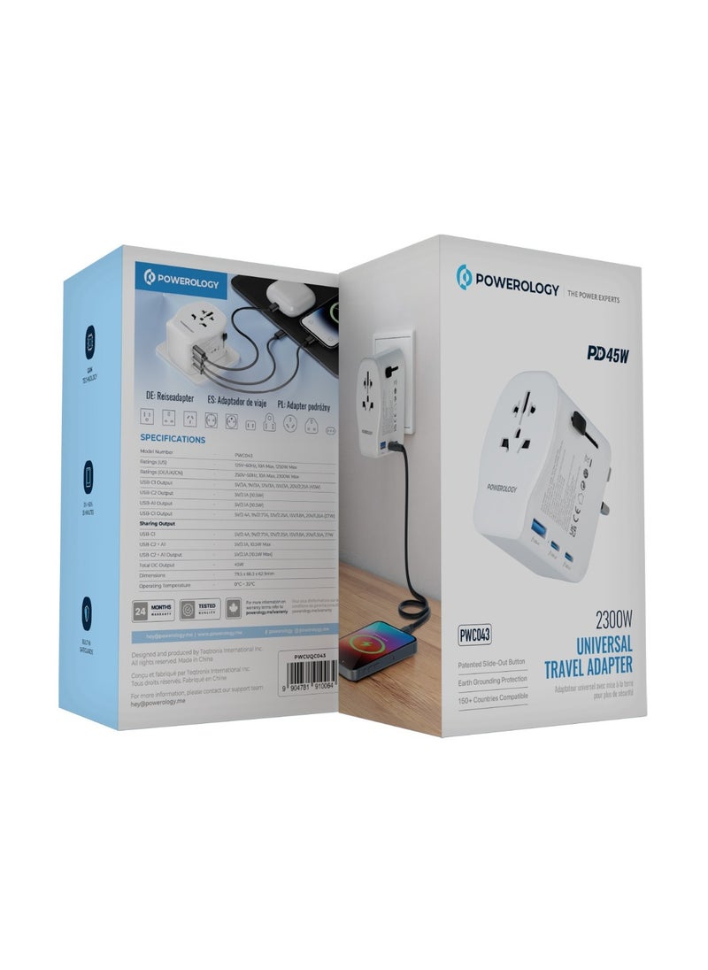 محول سفر عالمي 2300 واط بتقنية GaN PD45W وضمانات مدمجة / منفذ مزدوج من النوع C مع منفذ USB-A واحد / حماية التأريض الأرضي / شاحن محمول / محول متعدد الوظائف - أبيض