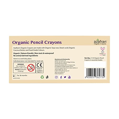 Azafran Organic Pencil Crayons - Pack of 15 Colored Thins, Non Toxic Ingredients, Non-Greasy, Eco Friendly, Food Grade Colors, for Toddlers, Fun with Playing and Stacking - 127 Grams - Image 3