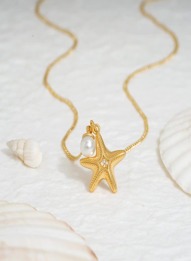 ميفيكو قلادة MEVECCO الرقيقة على شكل نجم البحر الذهبي مع اللؤلؤ للنساء، مطلية بالذهب عيار 18 قيراطًا، قلادة شاطئية لطيفة على شكل نجم البحر مع اللؤلؤ، مصنوعة يدويًا على طراز بوهيمي، مجوهرات مستوحاة من المحيط - Image 5