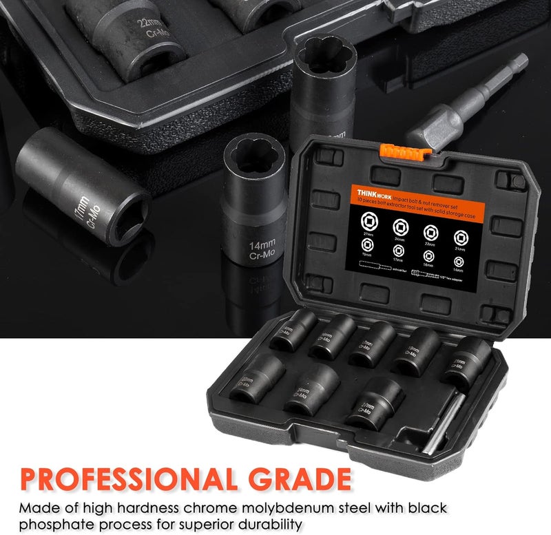 THINKWORK 1/2 Inch Drive Lug Nut Removal Tool Set - 10 Pieces for Stripped, Rounded, Damaged, Frozen, Rusted Bolts - Image 2