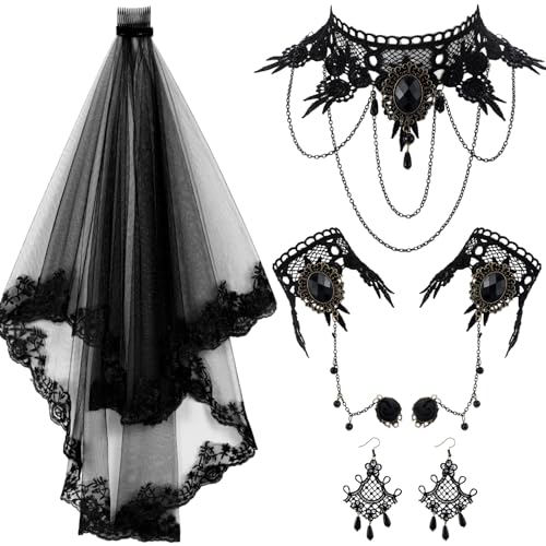 Ferreve 6 Pcs Black Lace Veil Gothic Choker Set Veil with Comb Necklace Bracelet Earring for Women Bridal Wedding Dress - Image 1