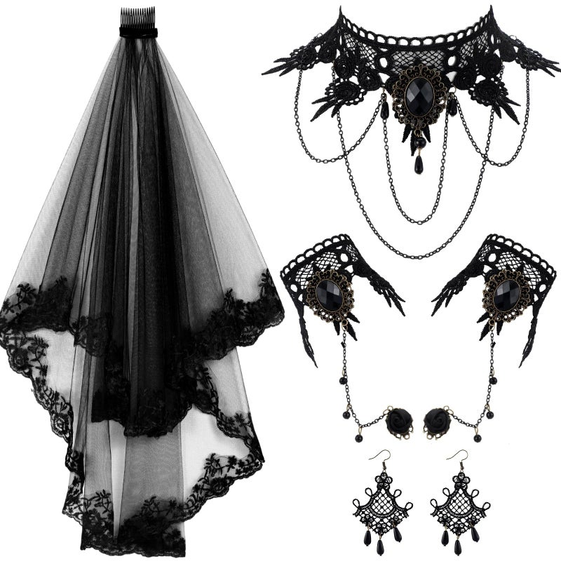 Ferreve 6 Pcs Black Lace Veil Gothic Choker Set Veil with Comb Necklace Bracelet Earring for Women Bridal Wedding Dress - Image 2