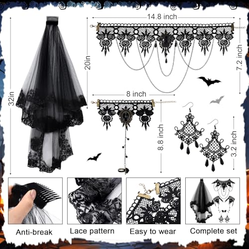 Ferreve 6 Pcs Black Lace Veil Gothic Choker Set Veil with Comb Necklace Bracelet Earring for Women Bridal Wedding Dress - Image 3