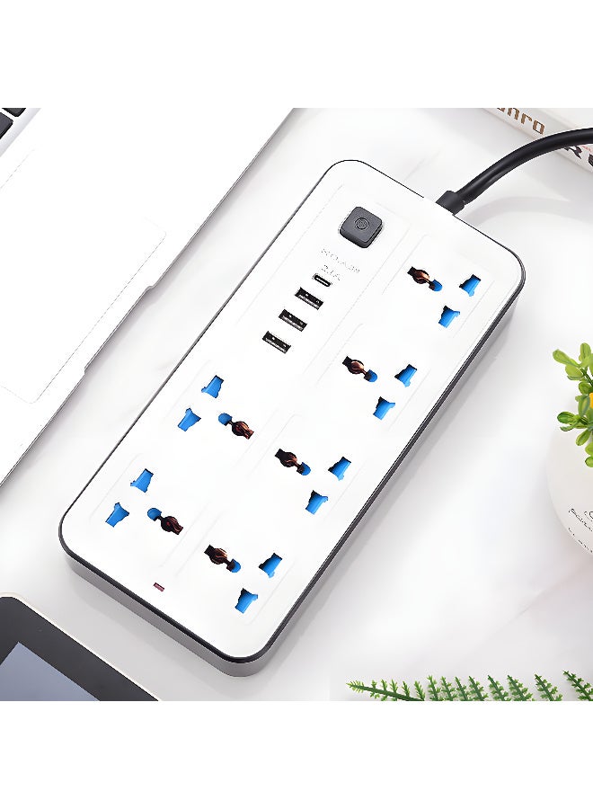 PowerMax 10-in-1 2500W Extension Socket with 6 AC Outlets, 3 USB & 1 PD Type-C – 5M Heavy-Duty Cord & Anti-Static Protection – White - Image 2