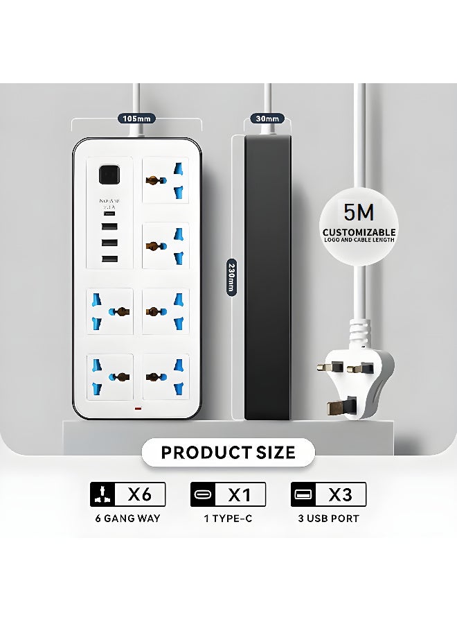 PowerMax 10-in-1 2500W Extension Socket with 6 AC Outlets, 3 USB & 1 PD Type-C – 5M Heavy-Duty Cord & Anti-Static Protection – White - Image 3