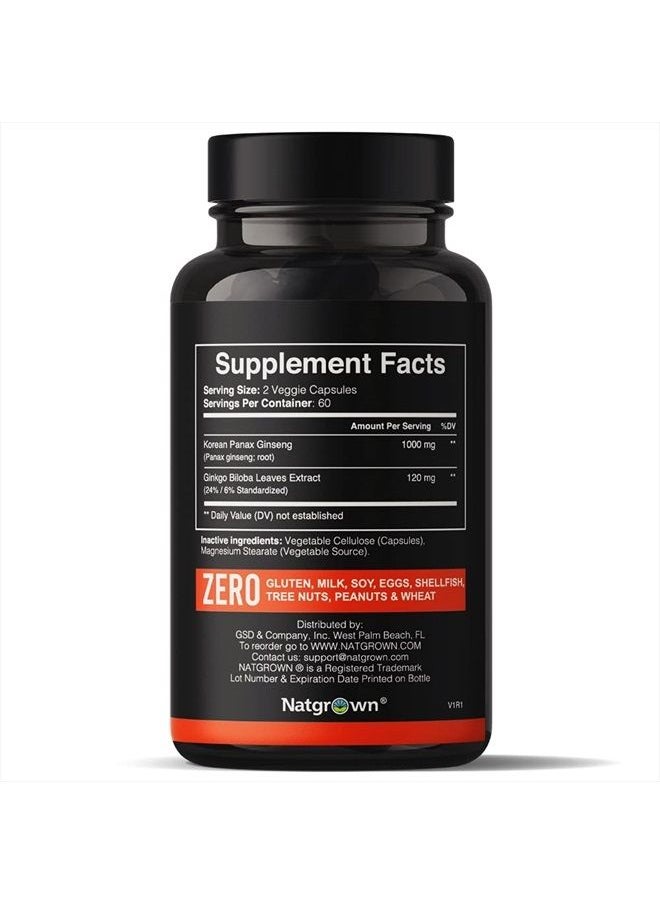 Natgrown Panax Ginseng and Ginkgo Biloba Complex Capsules - with Korean Red Ginseng Root & Ginkgo Biloba Extract Supplement for Men & Women - Traditionally to Boost Energy & Support Brain Function- Vegan Pills  - Image 2