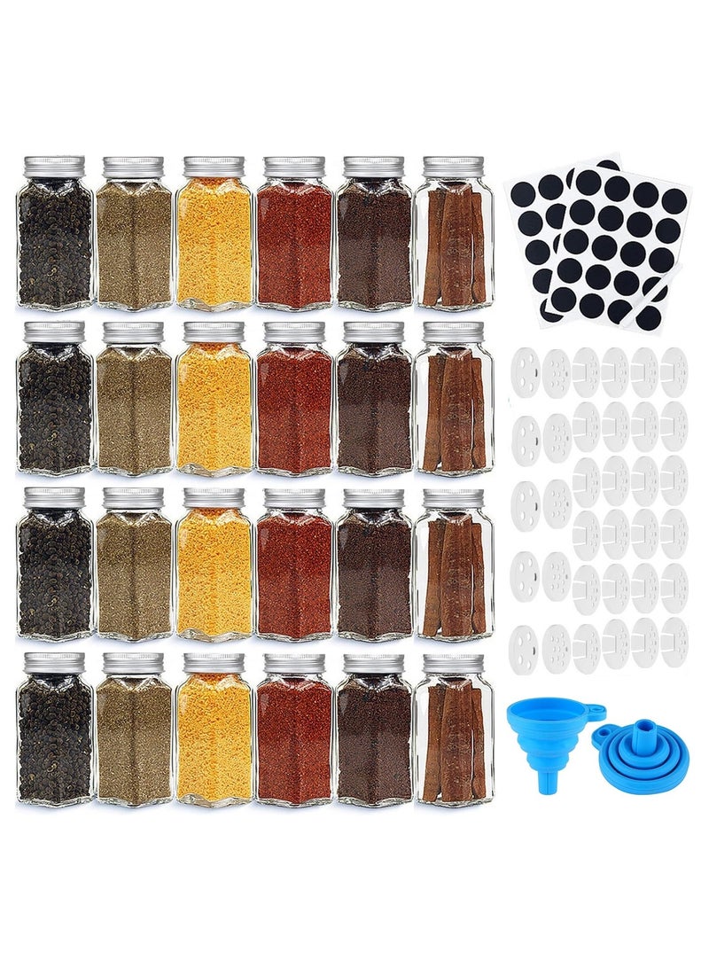 Home zone 24 Glass Spice Jars 4oz Empty Square Spice Containers Three Kinds of Shaker Lids and Airtight Metal Caps White Paint Pen and Silicone Collapsible Funnel Included  - Image 1