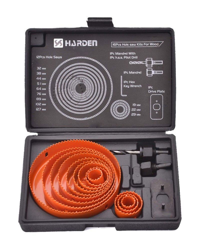 Harden 16 Pieces Professional Hole Saw Bit Cutter Kit For Wood (19-127mm) High Carbon Steel, Best tool for Carpenter - 610548 - Image 1