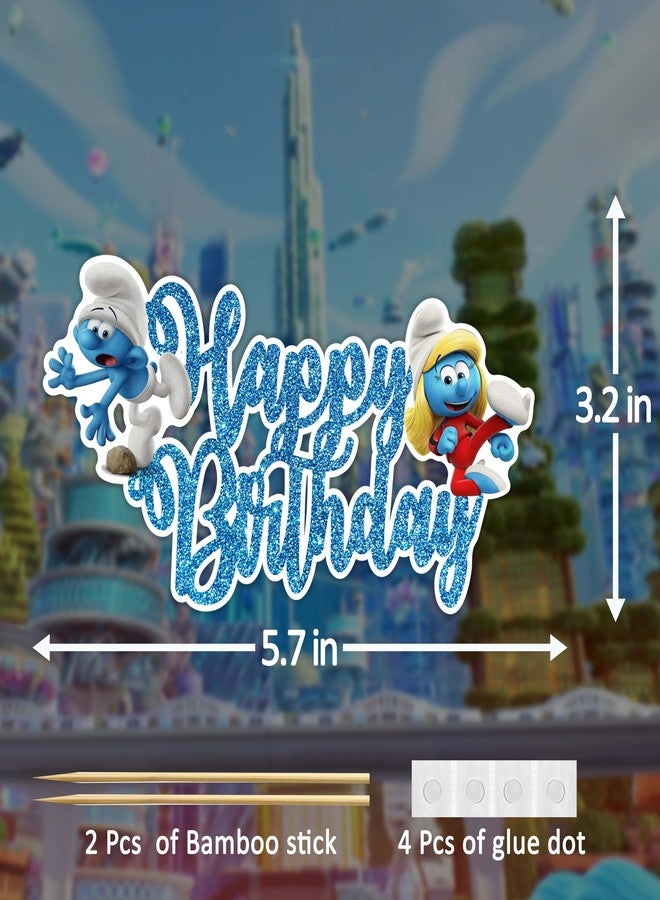 Seyal Smuf Happy Birthday Cake Topper Decoration - Blue Cartoon Theme Party Supplies - Smuf Birthday Party Decor - Smufette Cake Topper - Cute Smuf Party Decorations for Boys, Girls, and Adults - Image 2