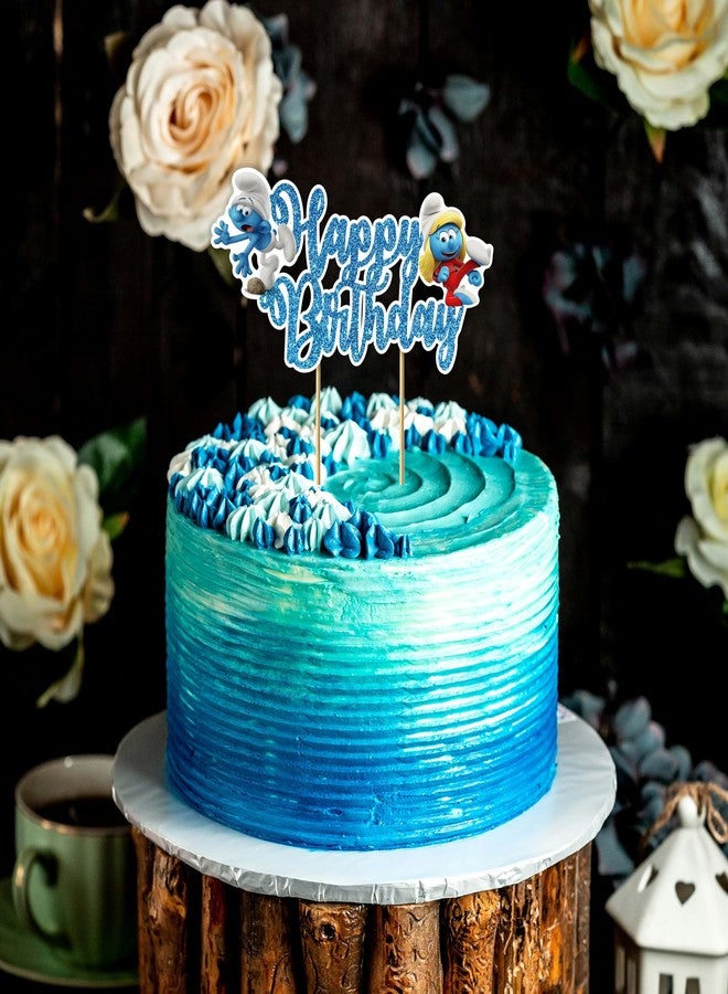 Seyal Smuf Happy Birthday Cake Topper Decoration - Blue Cartoon Theme Party Supplies - Smuf Birthday Party Decor - Smufette Cake Topper - Cute Smuf Party Decorations for Boys, Girls, and Adults - Image 4