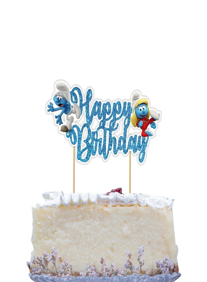 Seyal Smuf Happy Birthday Cake Topper Decoration - Blue Cartoon Theme Party Supplies - Smuf Birthday Party Decor - Smufette Cake Topper - Cute Smuf Party Decorations for Boys, Girls, and Adults - Image 1
