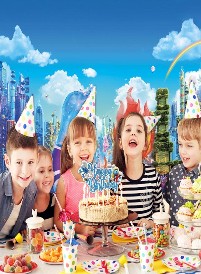 Seyal Smuf Happy Birthday Cake Topper Decoration - Blue Cartoon Theme Party Supplies - Smuf Birthday Party Decor - Smufette Cake Topper - Cute Smuf Party Decorations for Boys, Girls, and Adults - Image 3