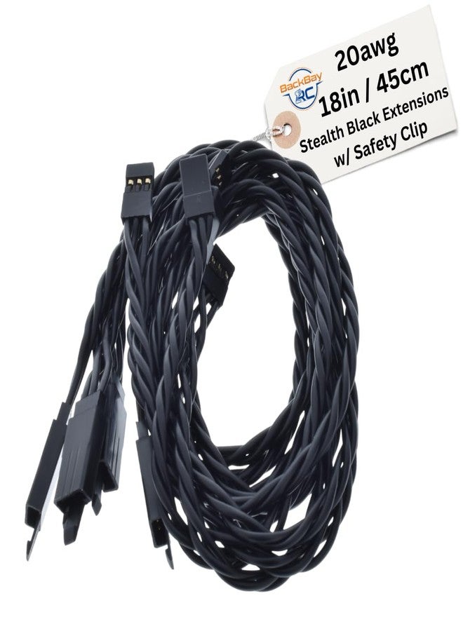 BackBay R/C 45CM / 18in 20awg Twisted Servo Extension Cable w/Safety Clip - All Black/Stealth Series - 100 Strands for RC Planes, Drones, Trucks, E-Bikes - 11 Lengths / 5 Wires Per Pack
