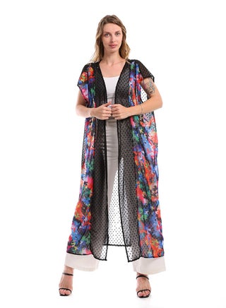 Solid Chiffon Black Cardigan With Patterned Trim