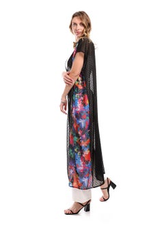 Andora Solid Chiffon Black Cardigan With Patterned Trim  - Image 2