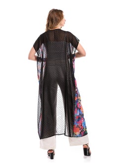 Andora Solid Chiffon Black Cardigan With Patterned Trim  - Image 3