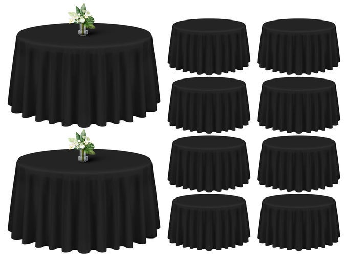 10 PACK BLACK ROUND TABLECLOTH 120 INCH POLYESTER TABLE CLOTH WASHABLE DECORATIVE FABRIC TABLE COVERS FOR WEDDING DINING PARTY BANQUET BUFFET