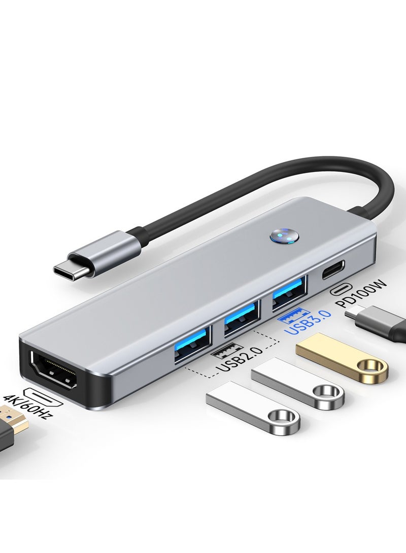 هوديوس موزع USB-C 5 في 1 من النوع C مع منفذ HDMI Ethernet 3.0 وHDTV 4k ومنافذ USB PD100W للشحن لأجهزة MacBook Pro Air M1 2021 وiPad Pro والكمبيوتر المحمول باللون الفضي - Image 1