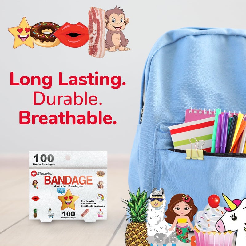 BioSwiss Kids Bandages, Assorted Animal, Fun, and Food Shaped Self Adhesive Bandage Set, Latex Free, Sterile Wound Care, 100 Count - Image 5