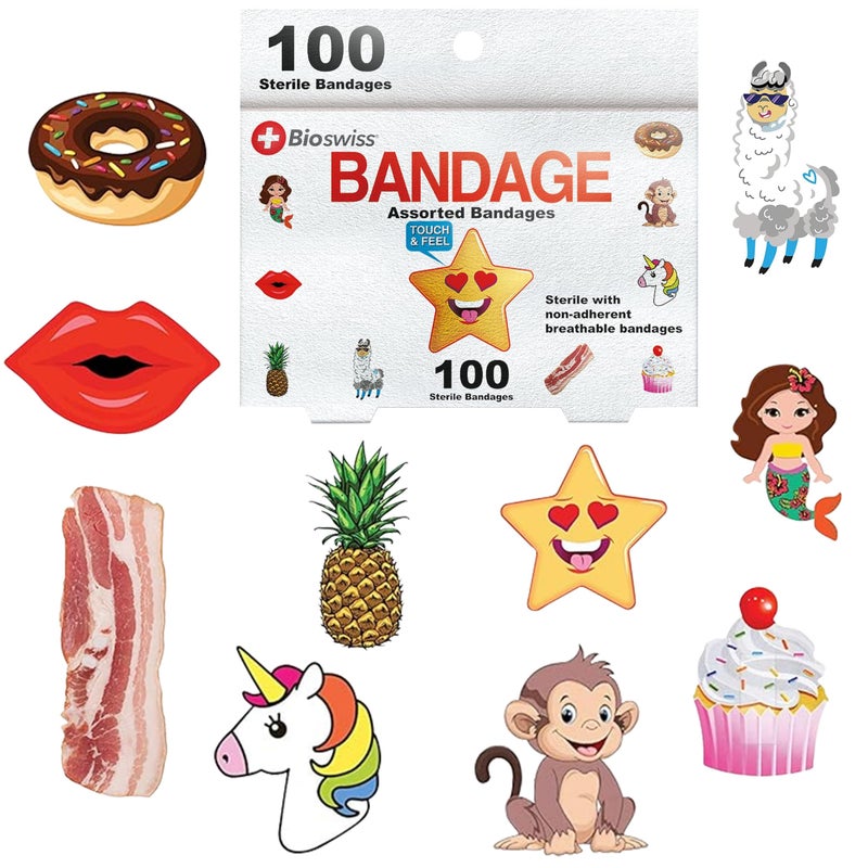 BioSwiss Kids Bandages, Assorted Animal, Fun, and Food Shaped Self Adhesive Bandage Set, Latex Free, Sterile Wound Care, 100 Count - Image 1