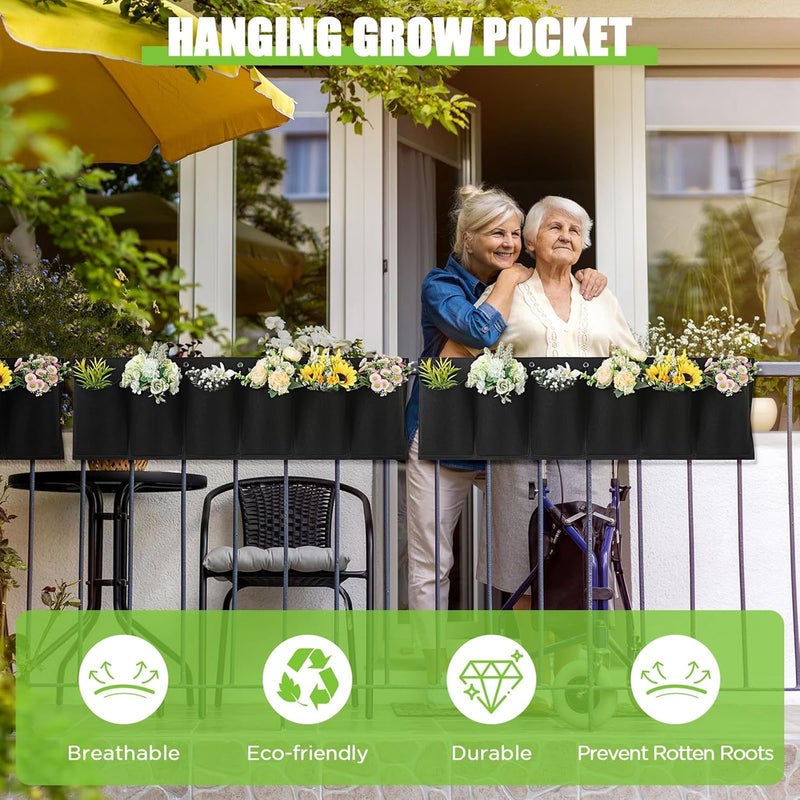 Luckam 2 Pcs Hanging Grow Bags with Pockets Horizontal Wall Planter with 20 Zip Ties Hanging Flower Bags Fence Hanging Planters for Outdoor Plants Home Decoration(100 * 30cm) - Image 3