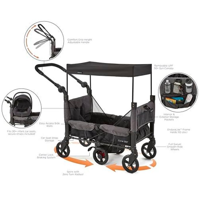 Contours Curve 360 Lightweight Double Baby Stroller Wagon For 2 Kids, Fits Infant Car Seats, Ultra Maneuverable, Easy In And Out For Toddlers With Deep Footwell, Storage Pockets And Adjustable Handle - Image 3