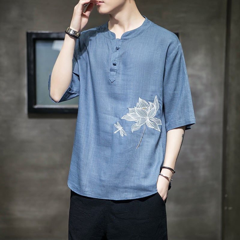 Antique Lotus Embroidered Cotton and Linen Short-sleeved Hanfu Mens Youth Loose Linen Half-sleeved Summer plus size T-shirt Top White - Image 2