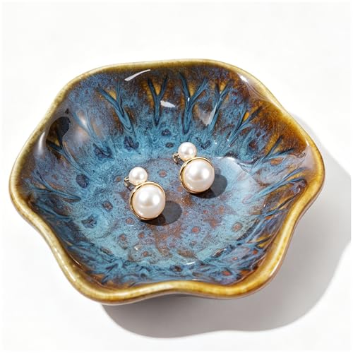 Mosuji Vintage-Inspired Ceramic Jewelry Dish – Handcrafted Floral Trinket Trays in Luxe Glazed Porcelain | Antique-Style Ring Holders for Vanity & Dresser Décor (1, Kiln transformed lotus, peacock green) - Image 1
