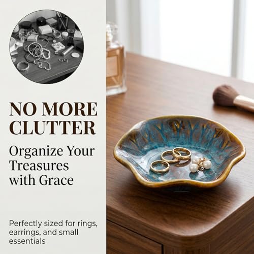 Mosuji Vintage-Inspired Ceramic Jewelry Dish – Handcrafted Floral Trinket Trays in Luxe Glazed Porcelain | Antique-Style Ring Holders for Vanity & Dresser Décor (1, Kiln transformed lotus, peacock green) - Image 3