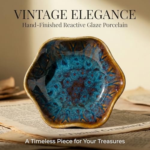 Mosuji Vintage-Inspired Ceramic Jewelry Dish – Handcrafted Floral Trinket Trays in Luxe Glazed Porcelain | Antique-Style Ring Holders for Vanity & Dresser Décor (1, Kiln transformed lotus, peacock green) - Image 2