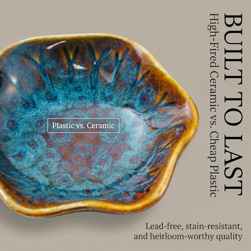 Mosuji Vintage-Inspired Ceramic Jewelry Dish – Handcrafted Floral Trinket Trays in Luxe Glazed Porcelain | Antique-Style Ring Holders for Vanity & Dresser Décor (1, Kiln transformed lotus, peacock green) - Image 4