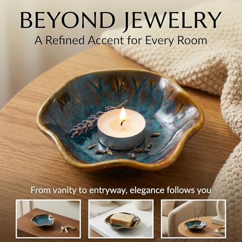 Mosuji Vintage-Inspired Ceramic Jewelry Dish – Handcrafted Floral Trinket Trays in Luxe Glazed Porcelain | Antique-Style Ring Holders for Vanity & Dresser Décor (1, Kiln transformed lotus, peacock green) - Image 5