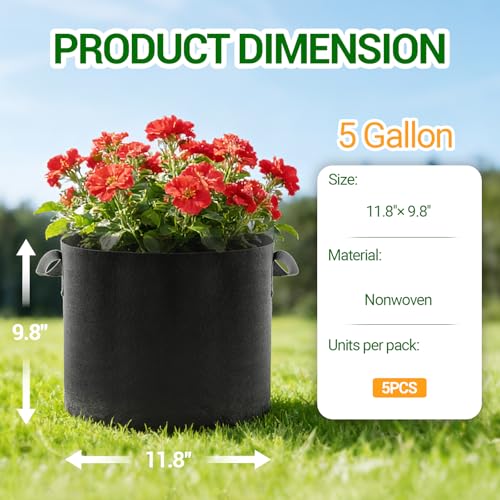 EOKOICA 5-Pack 5 Gallon Grow Bags, Thickened Aeration Fabric Pots with Handles, Heavy Duty Plant Bags for Vegetables, Tomatoes, Potatoes, Fruits & Flowers, Reusable Garden Pots for Plants - Image 2