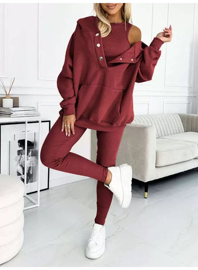 general Women's solid-color loose-fitting hooded sports casual pullover hoodie with strap and fitted pants three-piece set - Image 1