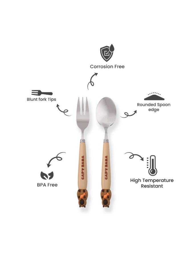CRAVISTA CapyBara Design Kids Cutlery Set with Case - 2-Piece Stainless Steel BPA Free Cutlery Set Includes Spoon, Fork and Case for Lunch Box, Picnic and Travel (Brown w/Fish) - Image 2