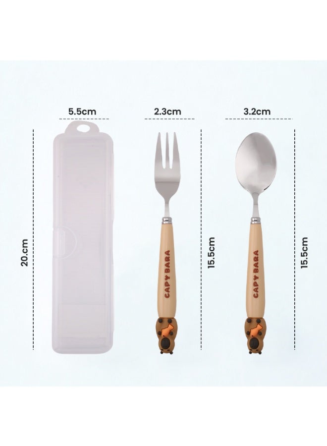 CRAVISTA CapyBara Design Kids Cutlery Set with Case - 2-Piece Stainless Steel BPA Free Cutlery Set Includes Spoon, Fork and Case for Lunch Box, Picnic and Travel (Brown w/Fish) - Image 4