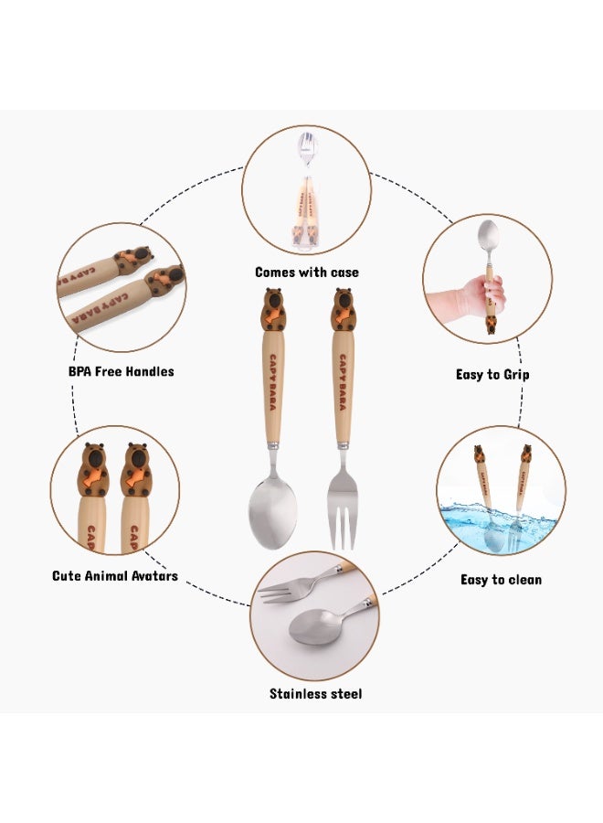 CRAVISTA CapyBara Design Kids Cutlery Set with Case - 2-Piece Stainless Steel BPA Free Cutlery Set Includes Spoon, Fork and Case for Lunch Box, Picnic and Travel (Brown w/Fish) - Image 3