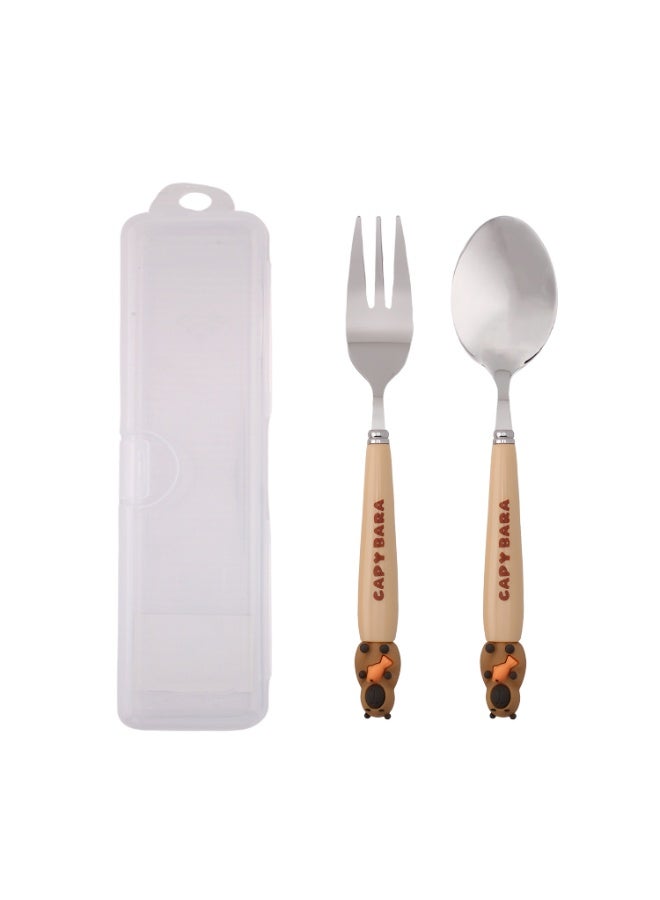 CRAVISTA CapyBara Design Kids Cutlery Set with Case - 2-Piece Stainless Steel BPA Free Cutlery Set Includes Spoon, Fork and Case for Lunch Box, Picnic and Travel (Brown w/Fish) - Image 1