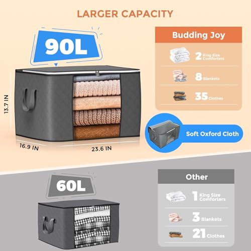Budding Joy 90 L Large Storage Bags, 6 Pack Clothes Storage Bins Foldable Closet Organizers Storage Containers with Reinforced Handle for Clothing, Blanket, Comforters, Bed Sheets, Pillows and Toys (Gray) - Image 2