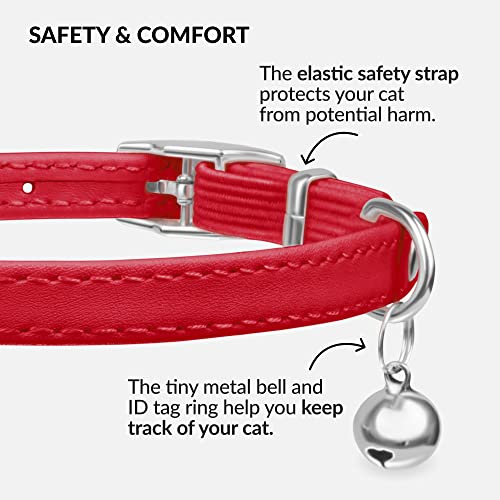 CollarDirect Leather Cat Collar with Bell - Kitten Collar, Small and Big Cat Strap for Boy Cats, Girl Cats with Safety Elastic Strap (Neck Fit 6"-7", Red) - Image 3