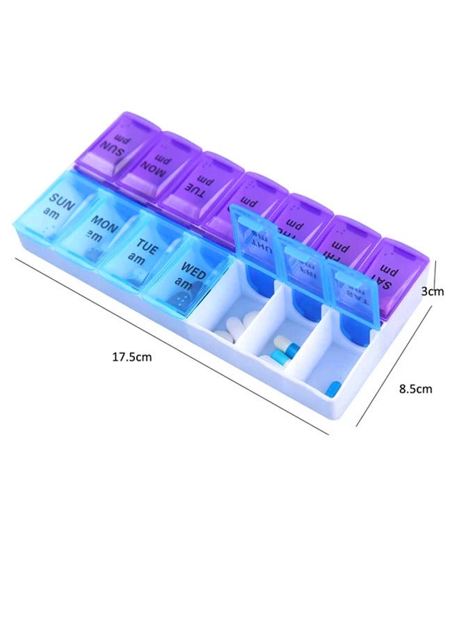 Large Double Side Weekly Pill Organizer Medicine Box 2 Times a Day, Pill Case Week Medication Container for Travel (Purple+Blue) - Image 2
