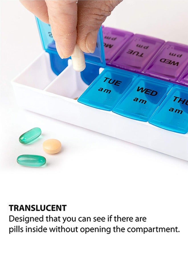 Large Double Side Weekly Pill Organizer Medicine Box 2 Times a Day, Pill Case Week Medication Container for Travel (Purple+Blue) - Image 3