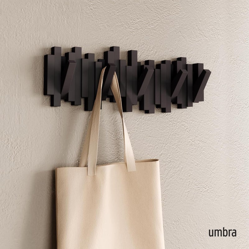 UMBRA Sticks Wall-Mounted Coat Rack Rail Hook with 5 Retractable Pegs – Modern, Space-Saving Storage Organizer, Espresso - Image 2