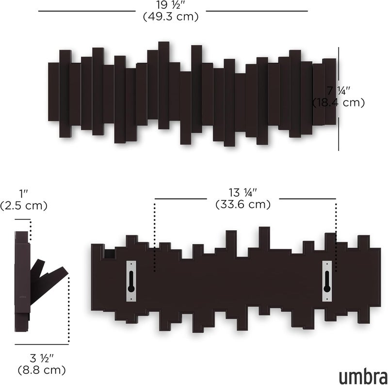 UMBRA Sticks Wall-Mounted Coat Rack Rail Hook with 5 Retractable Pegs – Modern, Space-Saving Storage Organizer, Espresso - Image 3