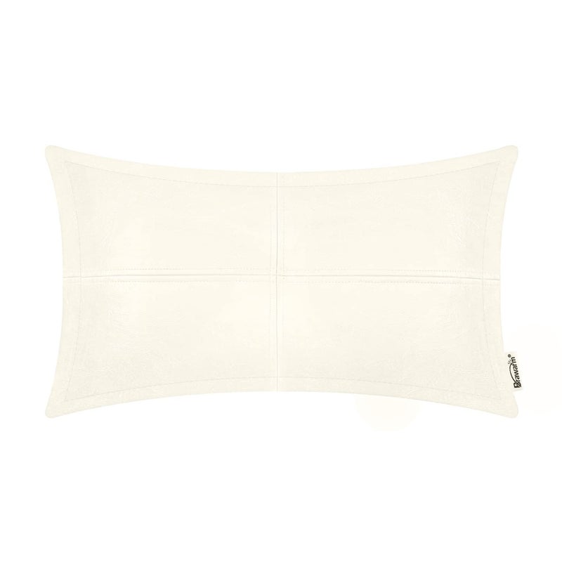 BRAWARM BRAWARM Cream Leather Throw Pillow 12 X 20 Inches  Faux Leather Pillow Cover with Piping  Hand Stitched Leather Decorative Lumbar Throw Pillow Covers for Couch Sofa Bed Living Room Garden - Image 1