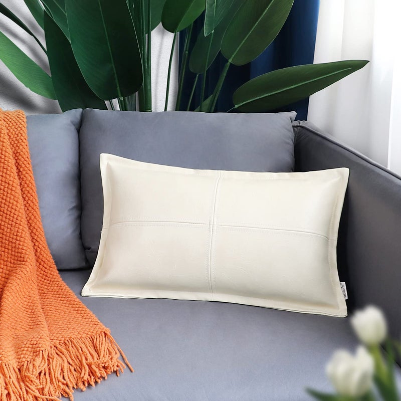 BRAWARM BRAWARM Cream Leather Throw Pillow 12 X 20 Inches  Faux Leather Pillow Cover with Piping  Hand Stitched Leather Decorative Lumbar Throw Pillow Covers for Couch Sofa Bed Living Room Garden - Image 2