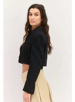 Bershka Women Regular Fit Solid Semi Formal Blazer, Black  - Image 2