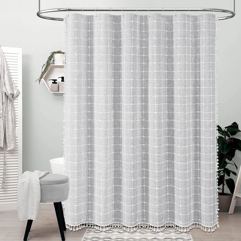 BTTN Boho Farmhouse Shower Curtain, Linen Rustic Heavy Duty Fabric Shower Curtain Set with Tassel, Water Repellent, Bohemian Vintage Country Thick Cloth Shower Curtains for Bathroom, Gray/Grey, 72x72 - Image 2