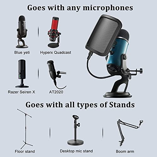 CLAPONE Microphone Pop Filter Mask Shield Professional Microphone Stand Mic Clip Holder for Studio Sound Recording, Meeting (Premium Black, Pop Filter Square Shield) - Image 2