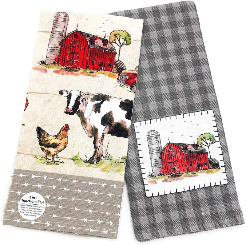 Kay Dee Designs Country Life Dual Purpose Terry Towel & Appliqued Tea Towel Kitchen Dishtowel Set of Farm Animals & Big Red Barn for Cleaning, Drying, Polishing and Baking - Image 1